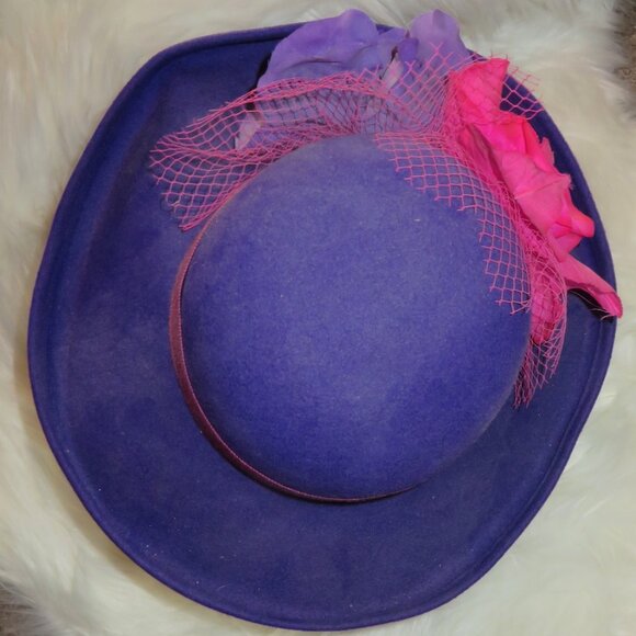 Perky Bollman Purple Doeskin Wool Hat w/Brim &Pink Floral Trim - Picture 3 of 4